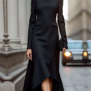 Lemongor Black Color Asymmetrical High Neck Commute Dress For Women 2025 New Spring Long Sleeves A-line Party Evening Dresses