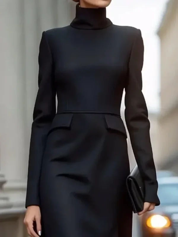 Lemongor Black Color Asymmetrical High Neck Commute Dress For Women 2025 New Spring Long Sleeves A-line Party Evening Dresses - Image 2
