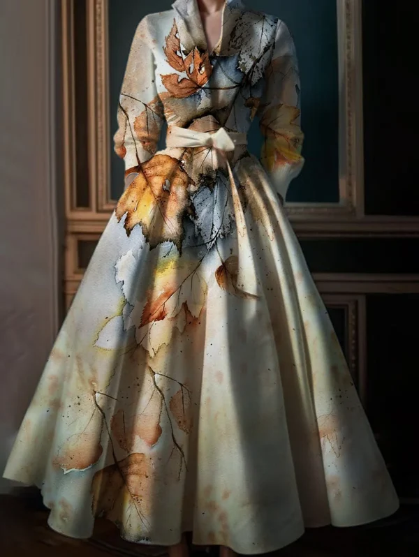 Elegant Leaf Pattern Maxi Dresses Multicolor Stand Collar Long Sleeve Long Dress Party Wedding Evening A-Line Dress Vestido - Image 2