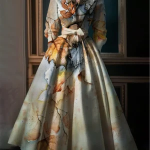 Elegant Leaf Pattern Maxi Dresses Multicolor Stand Collar Long Sleeve Long Dress Party Wedding Evening A-Line Dress Vestido
