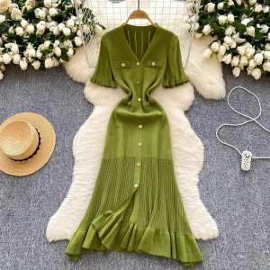 YuooMuoo Brand Fashion Vintage Knitted Long Dress Spring Summer Women Elegant V-neck Ruffled Bodycon Sweater Dress Party Vestido