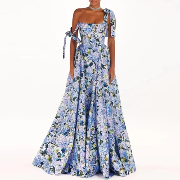 Women Fashion Floral Print Hem Maxi Dress Spring Square Collar Lace-up Sling Long Dress Summer Backless Hollow Boho Dress Mujer - Image 3