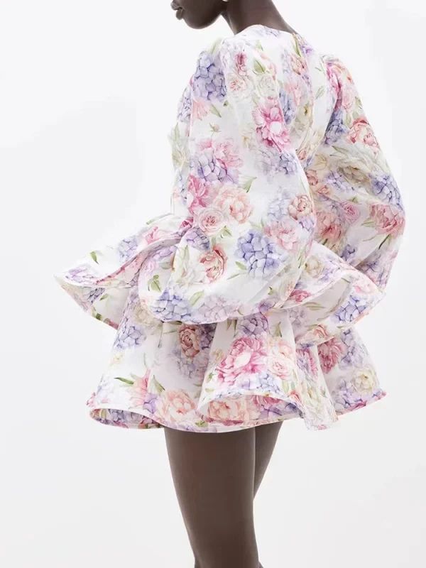VGH Hit Color Printing Slimming Short Dresses For Women Deep V Neck Long Sleeve High Waist Elegant Spliced Zipper Dress Female - Image 5